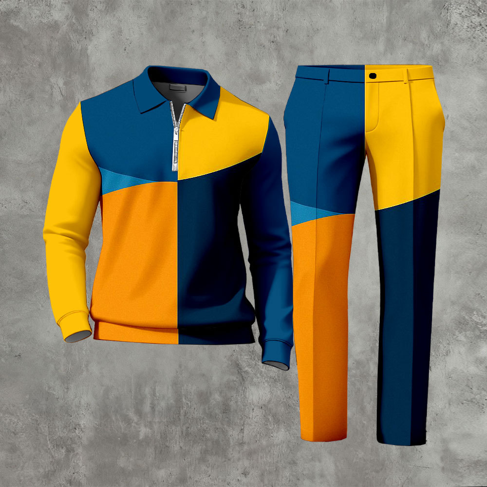 Men's Casual Orange & Blue Color Matching Printed Zipper Long Sleeved 