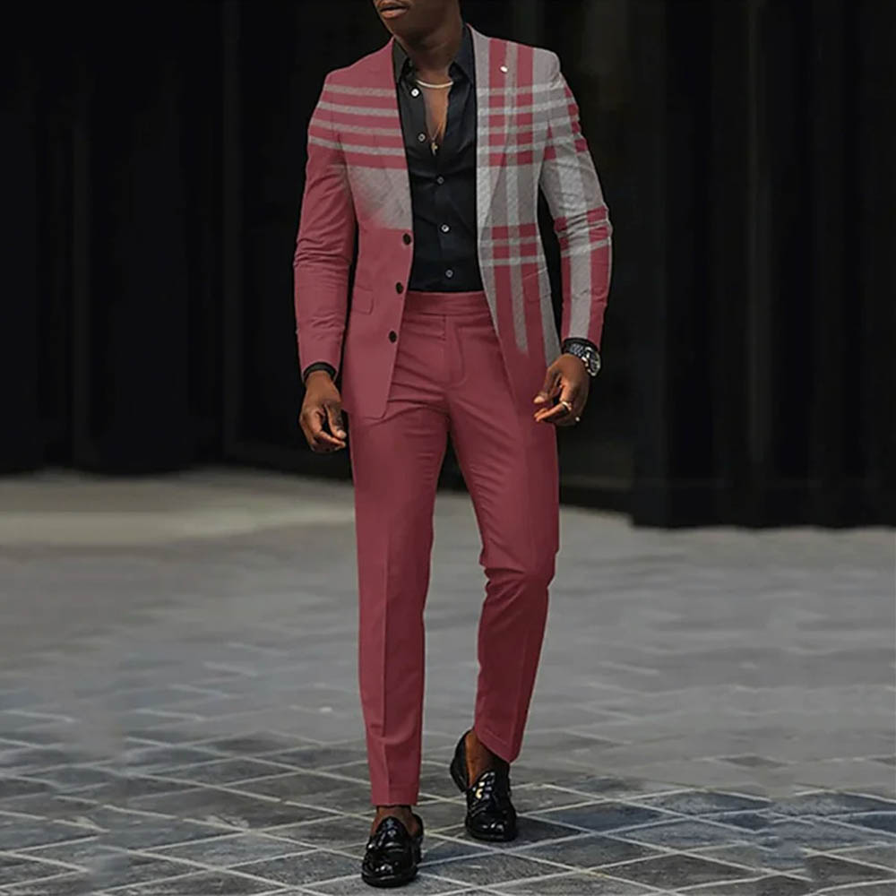 Men's Gradient Red & Gray Color Matching Checkered Printed Long Sleeves Blazer & Trousers Two Pieces Set