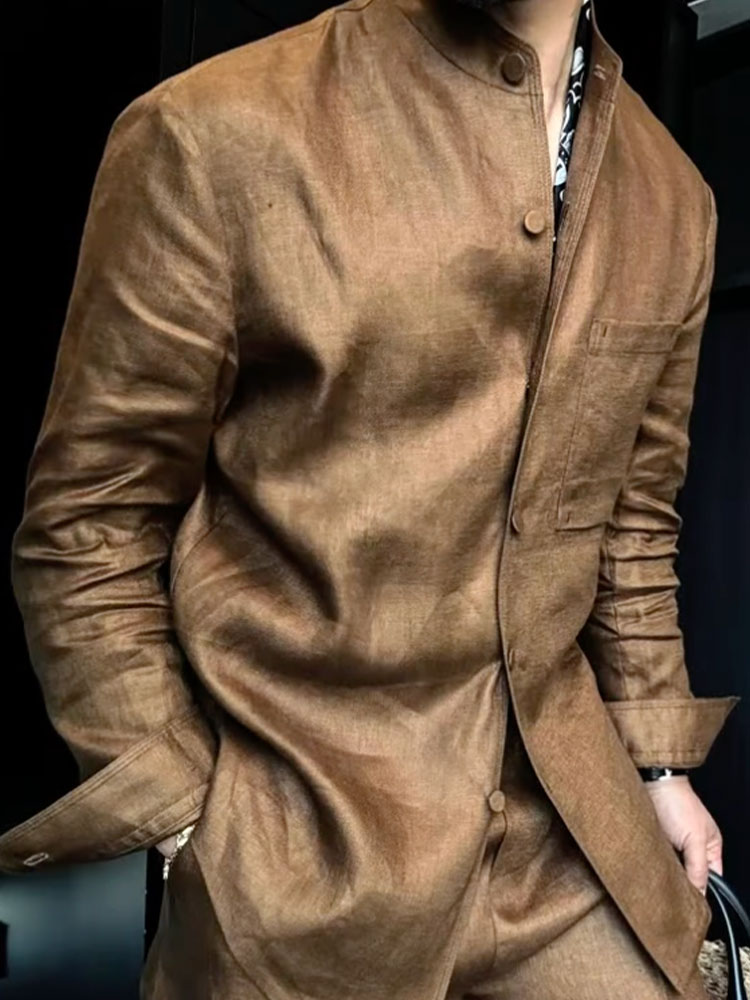 Premium Linen-Blend Mandarin Collar Suit-Coffee