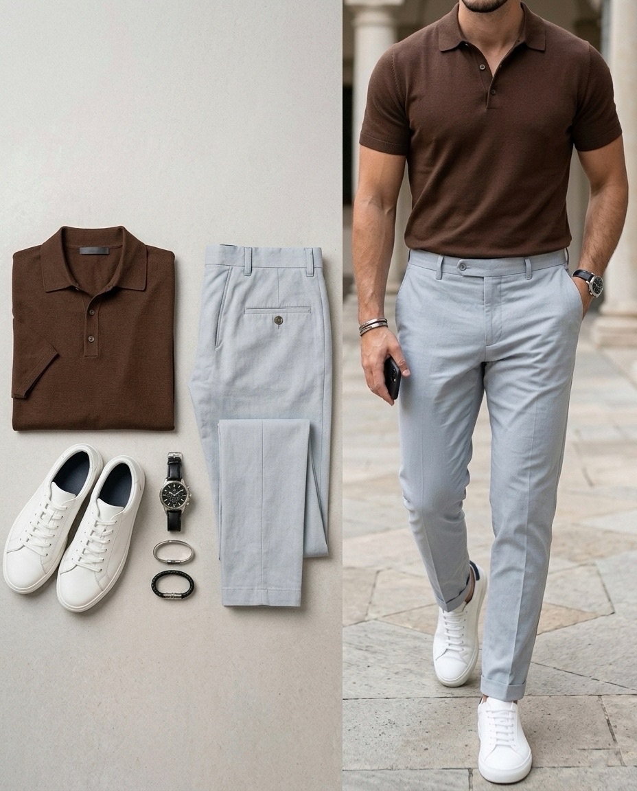 Men's Casual Brown Knit Polo Shirt & Light Gray Pants Two-Piece Set