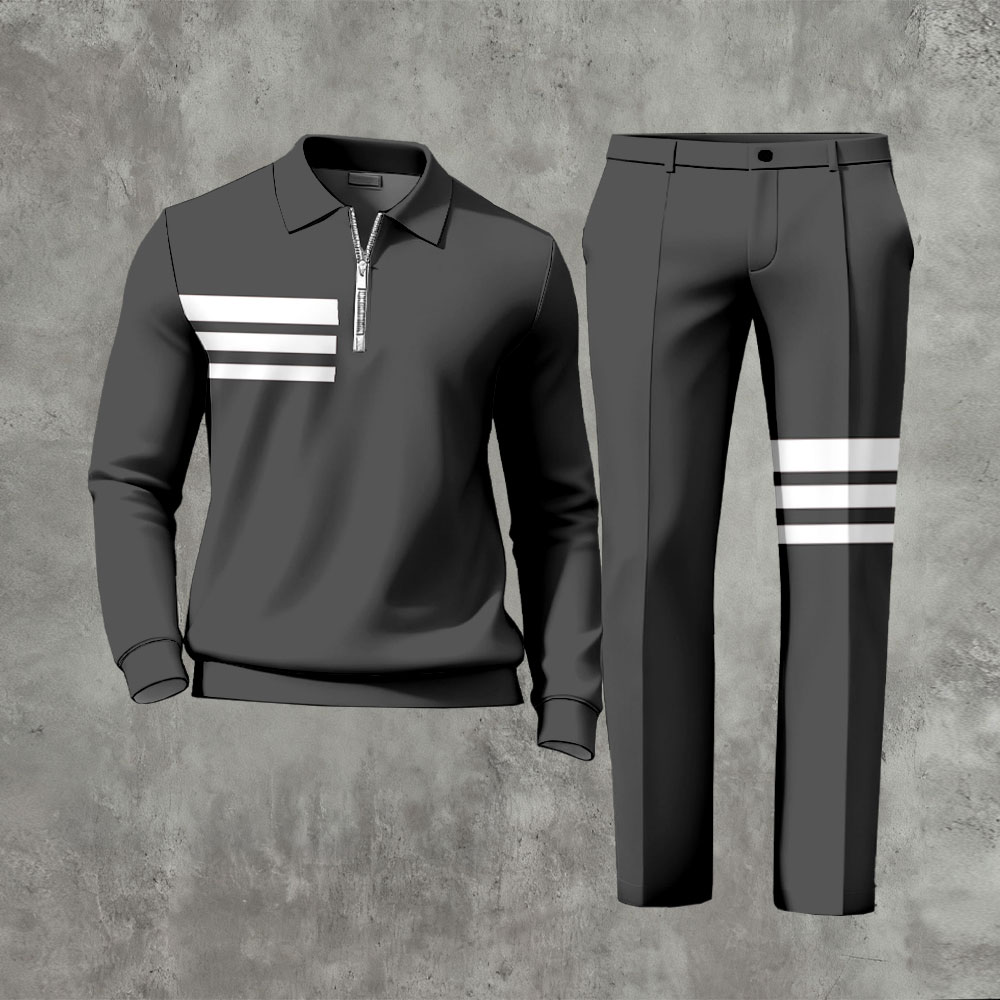Men's Casual Dark Gray & White Color Matching Striped Printed Polo-Collar Zipper Long Sleeved Trousers Two-Piece Set