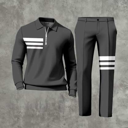 Men's Casual Dark Gray & White Color Matching Striped Printed Polo-Collar Zipper Long Sleeved Trousers Two-Piece Set