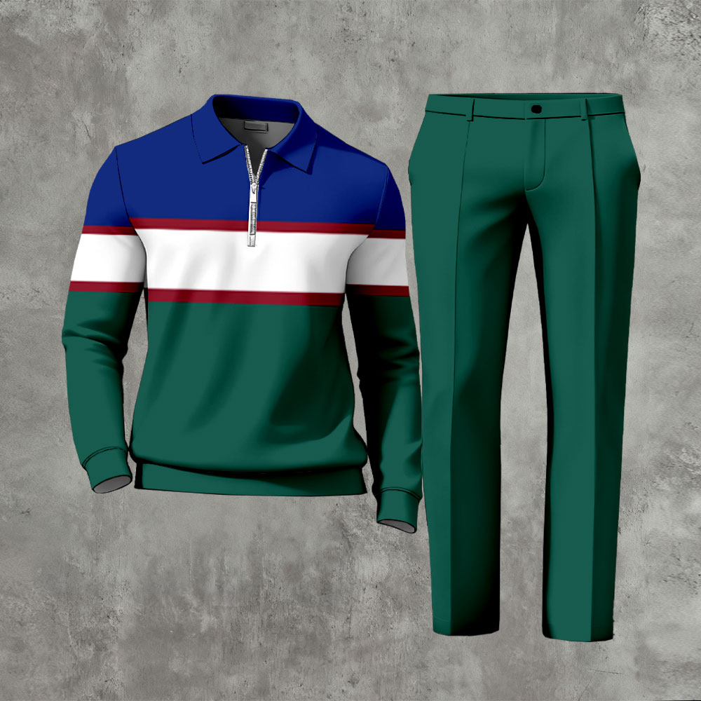 Men's Casual Royal Blue & Green Color Matching Striped Printed Polo-Collar Zipper Long Sleeved Trousers Two-Piece Set