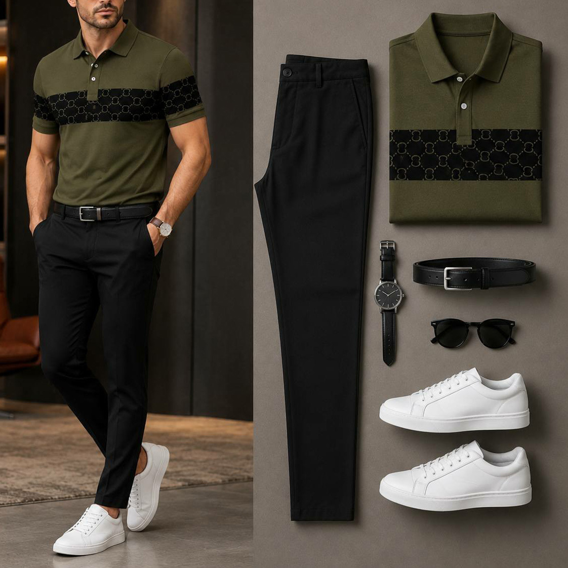 Men's Casual Vertical Color Block Polo Shirt And Pants Two-Piece Set