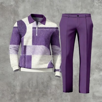 Men's Casual Multi Color Matching Geometric Printed Zipper Long Sleeved Polo Shirt & Trousers Two-Piece Set