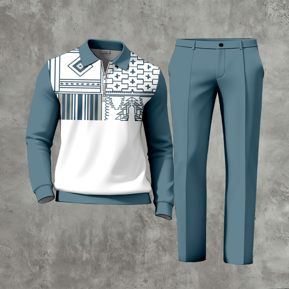 Men's Casual Blue & White Color Matching Retro Printed Zipper Long Sleeved Polo Shirt & Trousers Two-Piece Set