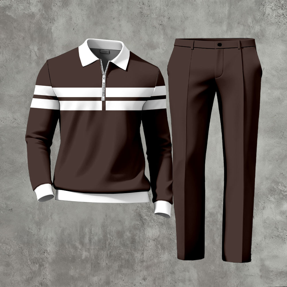 Men's Casual Dark Coffee & White Color Matching Geometric Printed Polo-Collar Zipper Long Sleeved Trousers Two-Piece Set