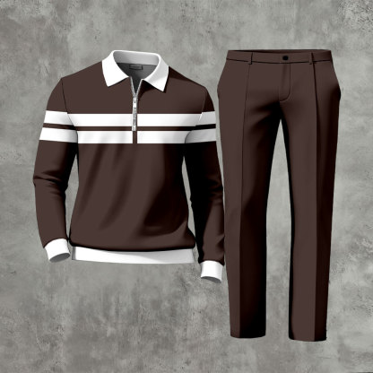Men's Casual Dark Coffee & White Color Matching Geometric Printed Polo-Collar Zipper Long Sleeved Trousers Two-Piece Set