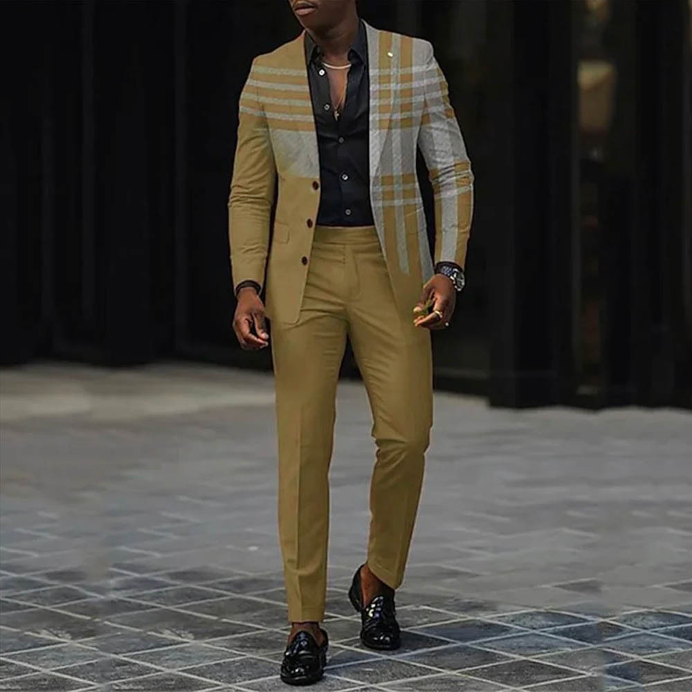 BlazerMen's Gradient Green & Gray Color Matching Checkered Printed Long Sleeves Blazer & Trousers Two Pieces Set