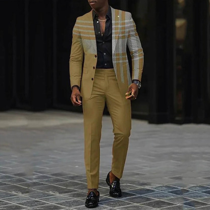 BlazerMen's Gradient Green & Gray Color Matching Checkered Printed Long Sleeves Blazer & Trousers Two Pieces Set