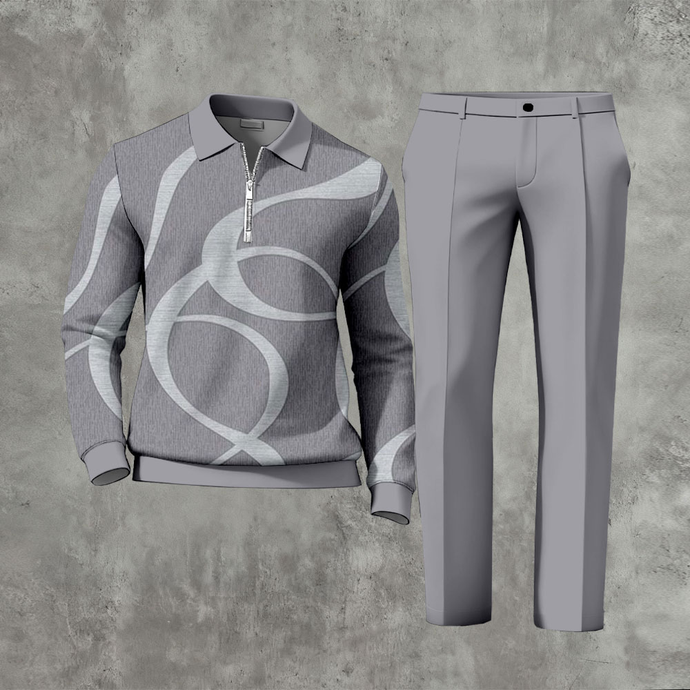 Men's Casual Gray Color Matching Printed Zipper Long Sleeved Polo Shirt & Trousers Two-Piece Set