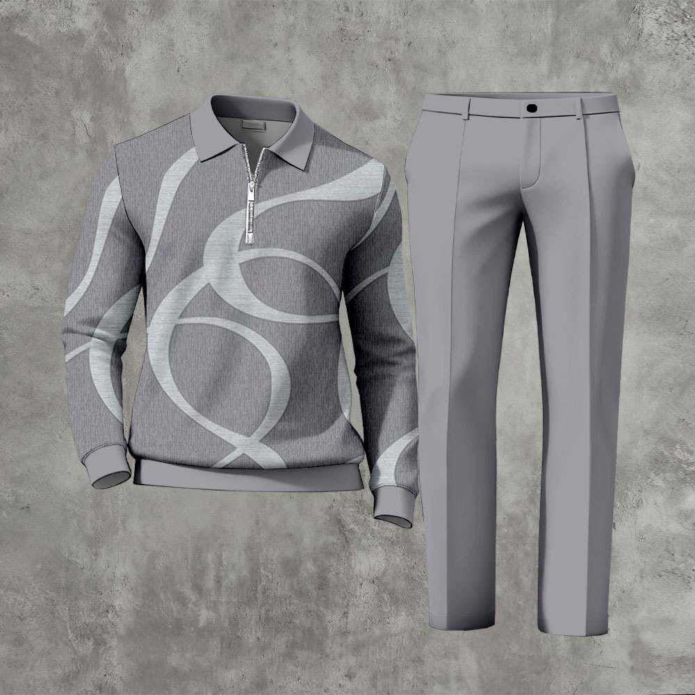 Men's Casual Gray Color Matching Printed Zipper Long Sleeved Polo Shir