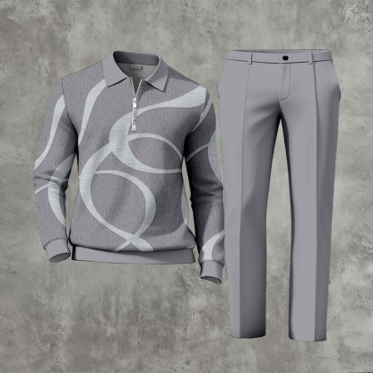 Men's Casual Gray Color Matching Printed Zipper Long Sleeved Polo Shirt & Trousers Two-Piece Set