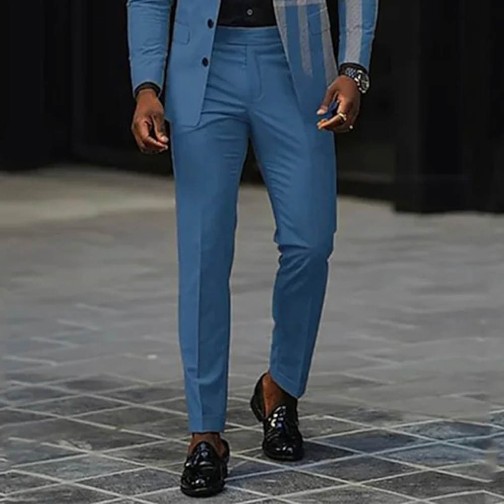 Men's Gradient Blue & Gray Color Matching Checkered Printed Long Sleeves Blazer & Trousers Two Pieces Set