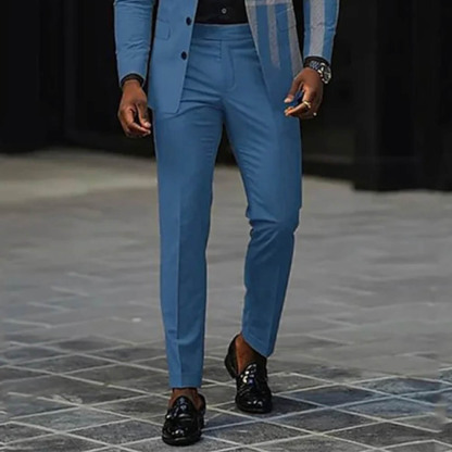 Men's Gradient Blue & Gray Color Matching Checkered Printed Long Sleeves Blazer & Trousers Two Pieces Set