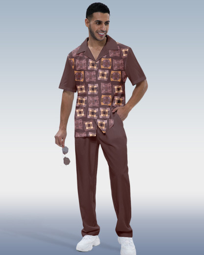 Men's Color Block Short Sleeve Shirt Walking Set