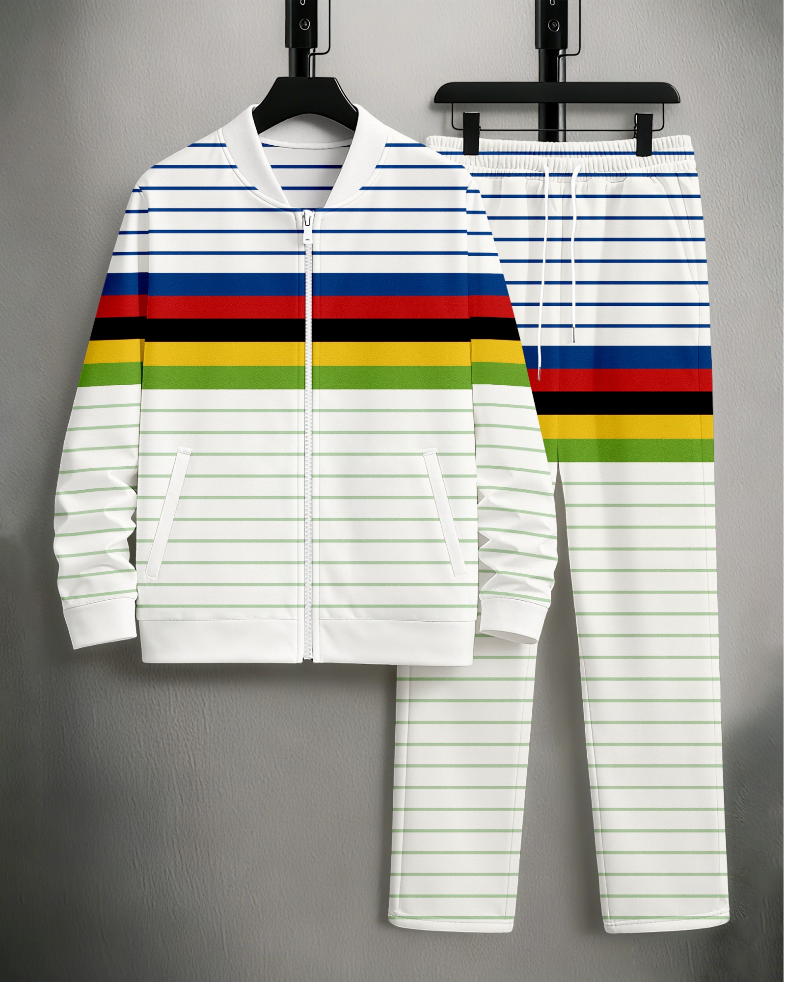 Men's Minimalist White & Multi Striped Printed Jacket Sports Jogging Set