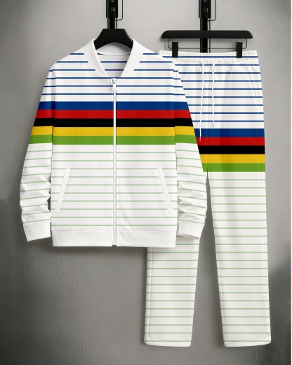 Men's Minimalist White & Multi Striped Printed Jacket Sports Jogging Set