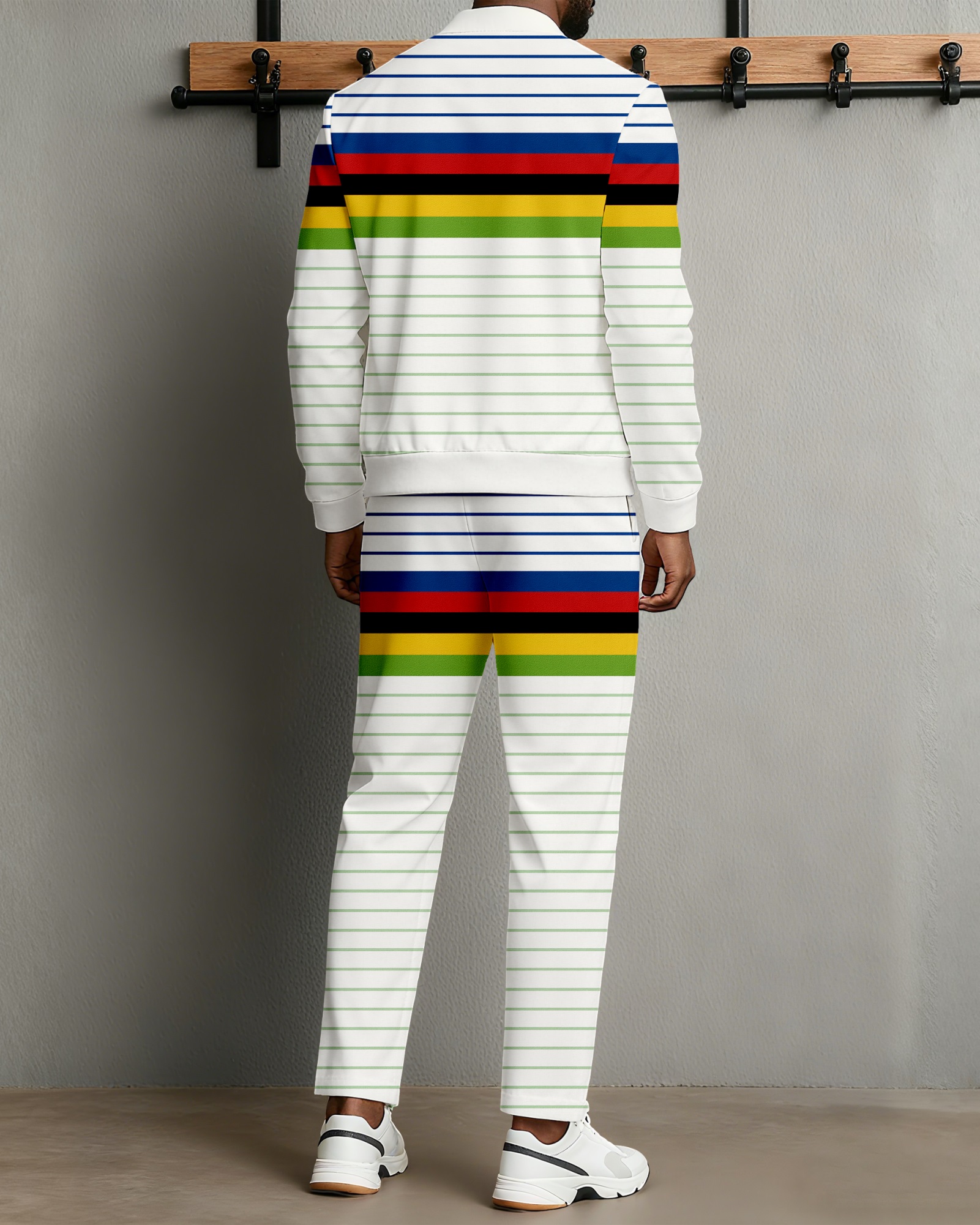 Men's Minimalist White & Multi Striped Printed Jacket Sports Jogging Set