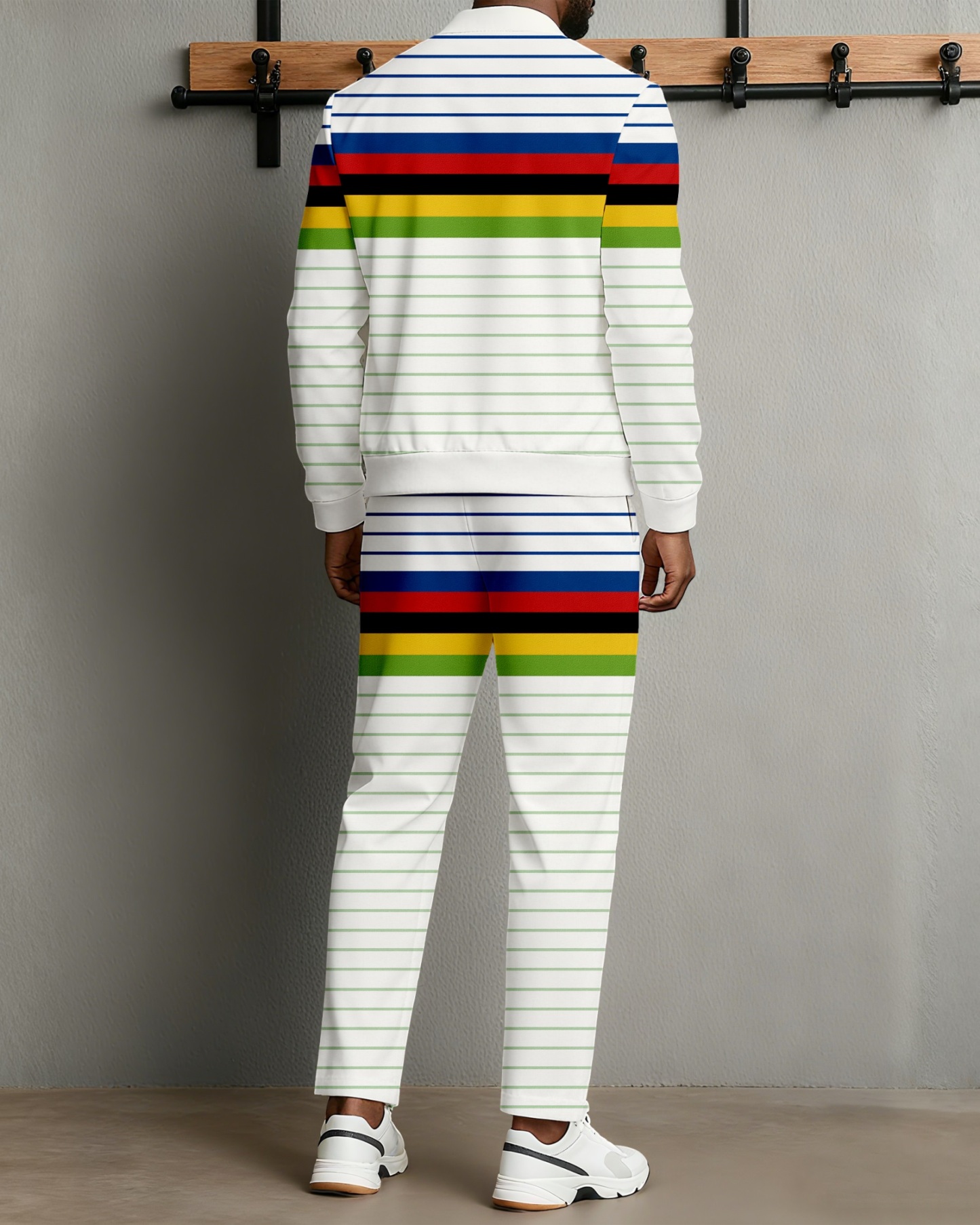Men's Minimalist White & Multi Striped Printed Jacket Sports Jogging Set