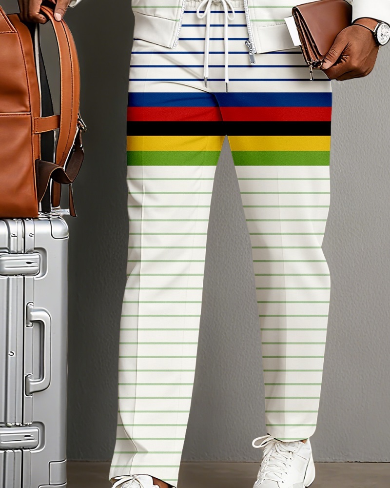Men's Minimalist White & Multi Striped Printed Jacket Sports Jogging Set
