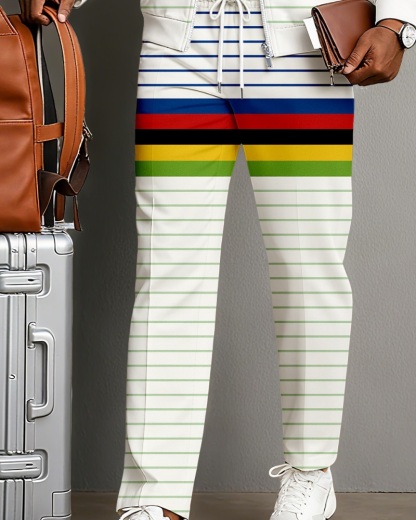 Men's Minimalist White & Multi Striped Printed Jacket Sports Jogging Set