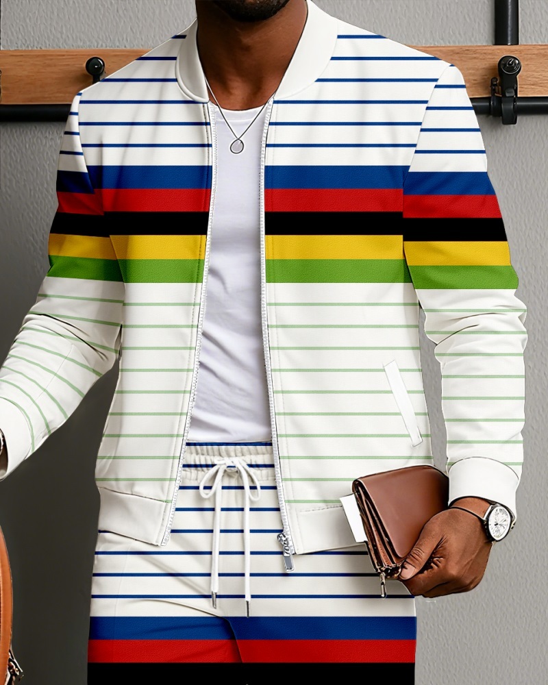 Men's Minimalist White & Multi Striped Printed Jacket Sports Jogging Set