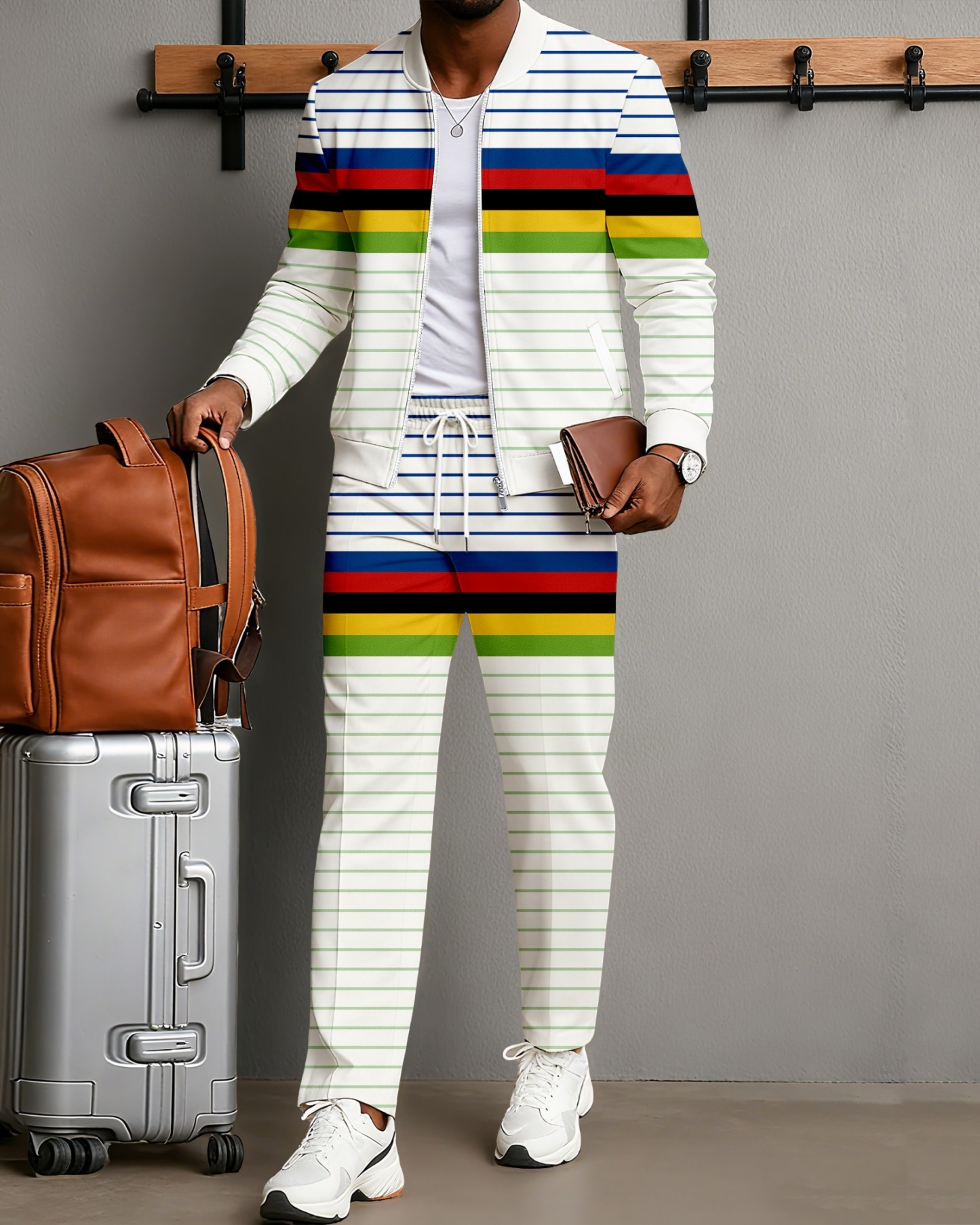 Men's Minimalist White & Multi Striped Printed Jacket Sports Jogging Set