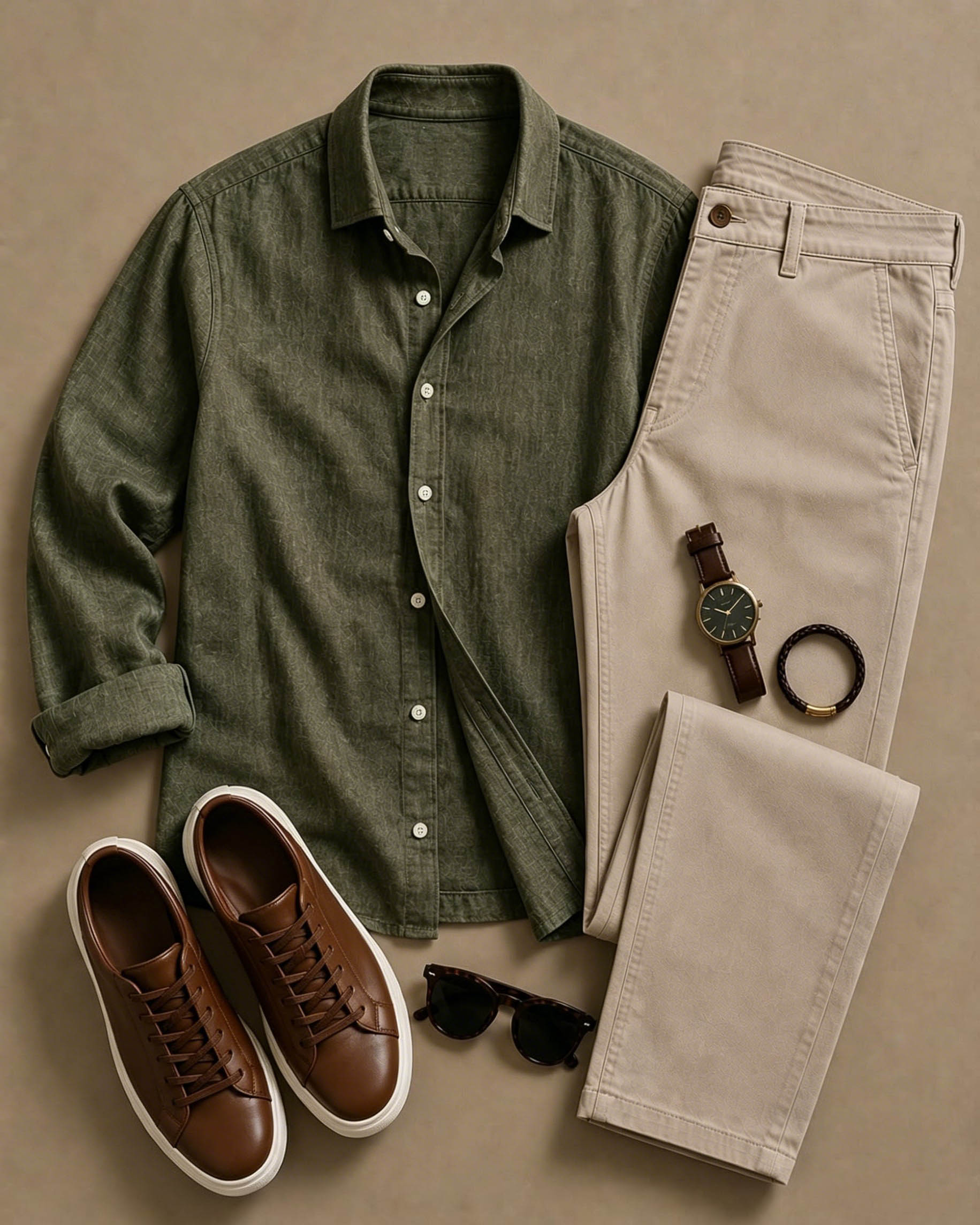 Men's Casual Dark Green Small Floral Printed Long Sleeved Shirt & Trousers Two-Piece Set