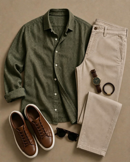 Men's Casual Dark Green Small Floral Printed Long Sleeved Shirt & Trousers Two-Piece Set