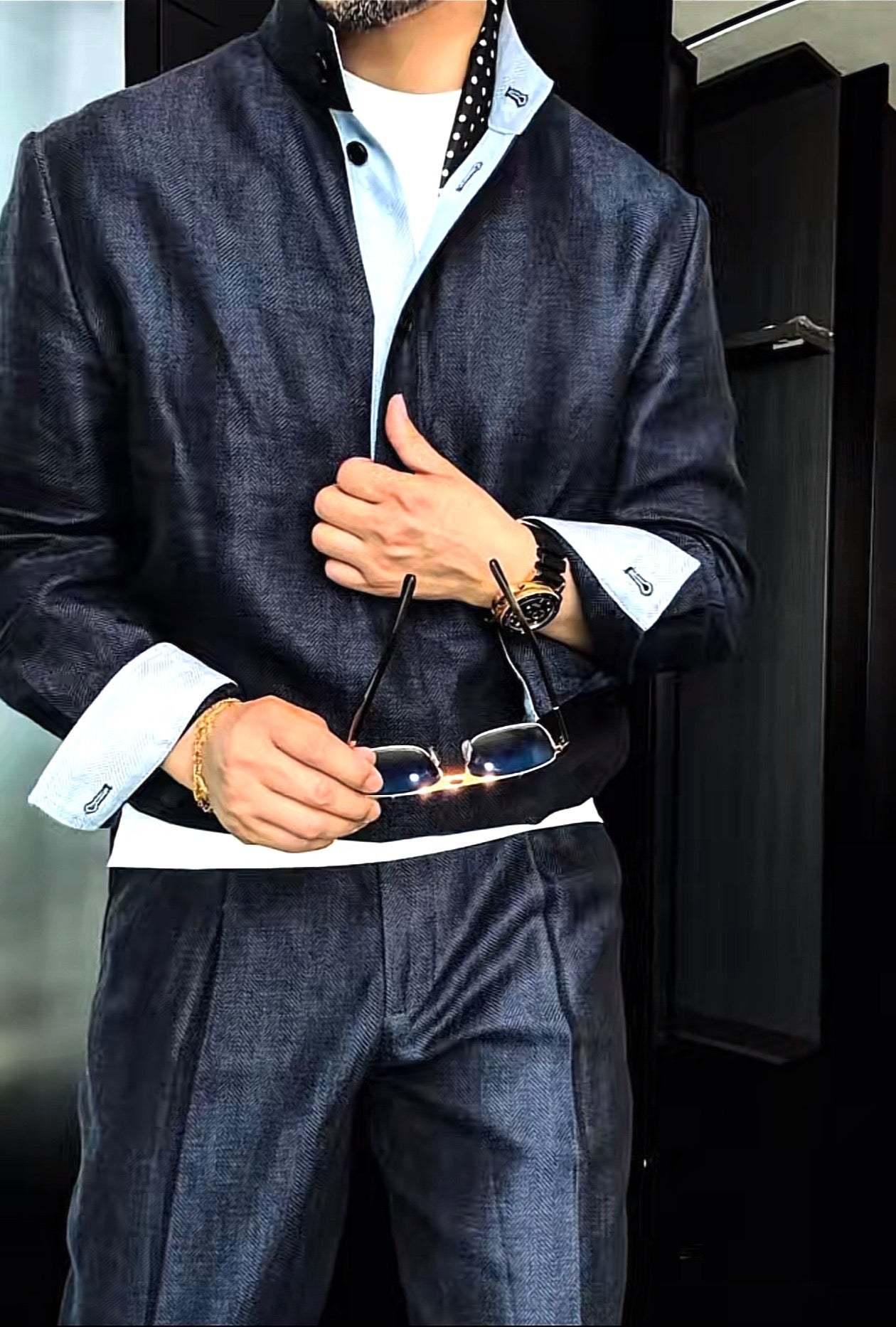 Premium Linen Mandarin Collar Suit-Sky Blue