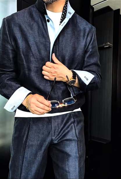 Premium Linen Mandarin Collar Suit-Sky Blue