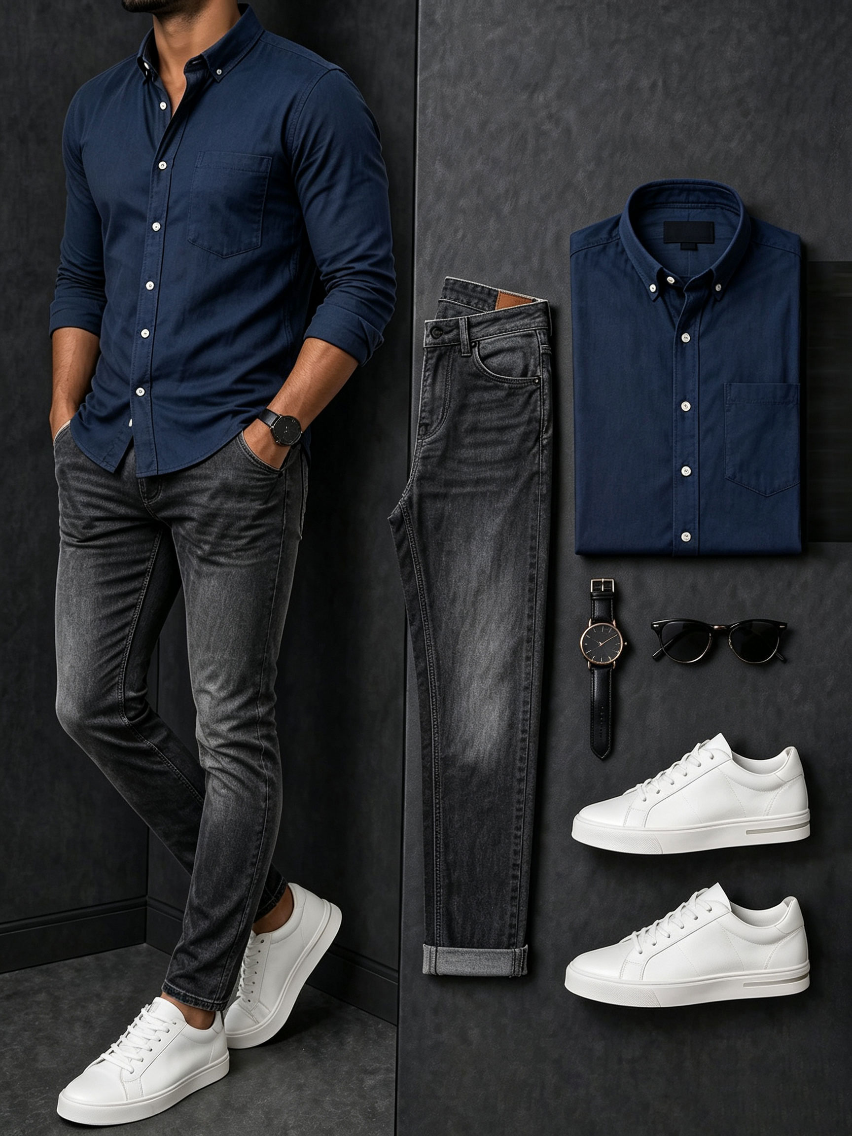 Men's Casual Navy Blue Striped Printed Long Sleeves Shirt & Gray Pants Two Piece Set