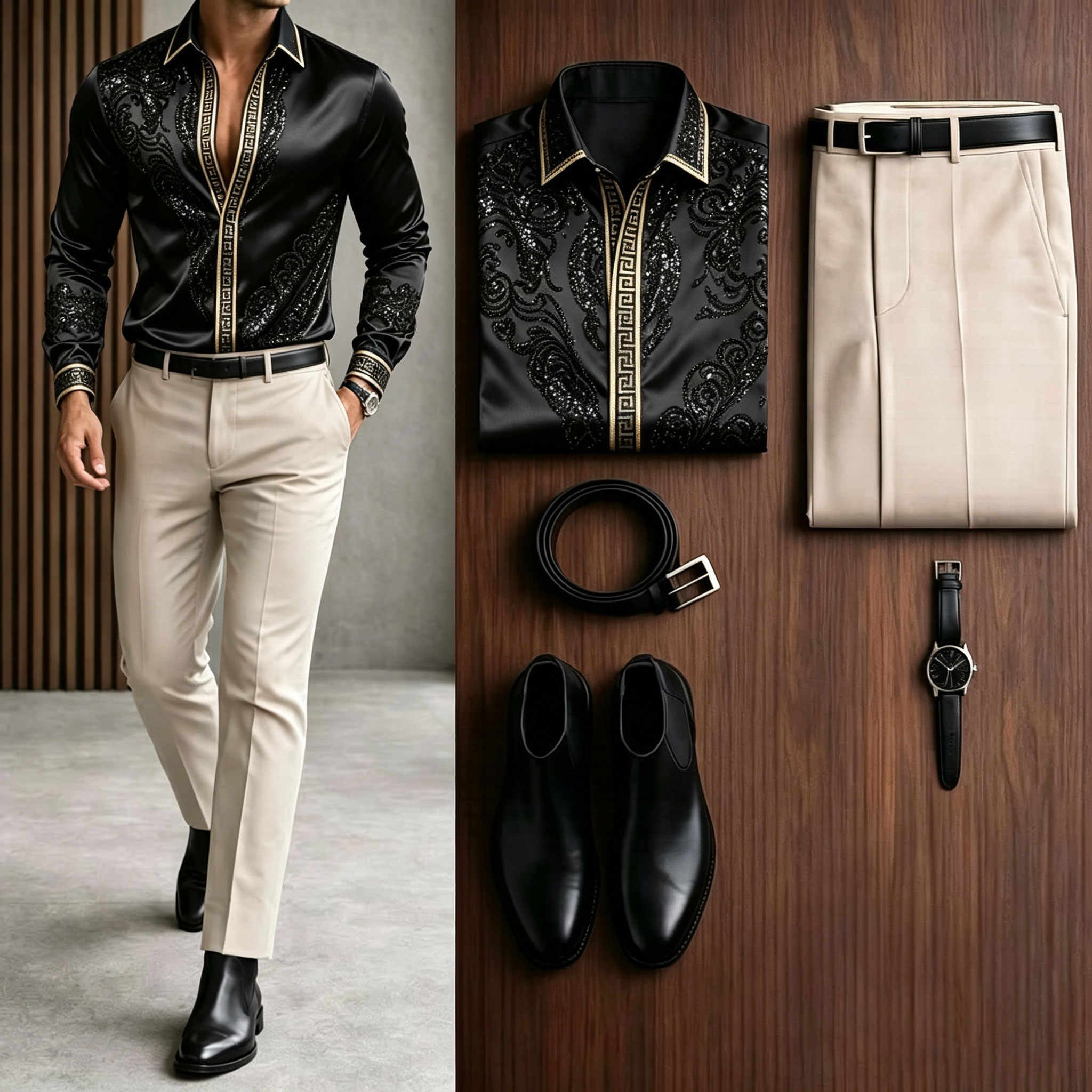 Men's Casual Black Long Sleeve Baroque Shirt & Khaki Chino Pants Two-Piece Set