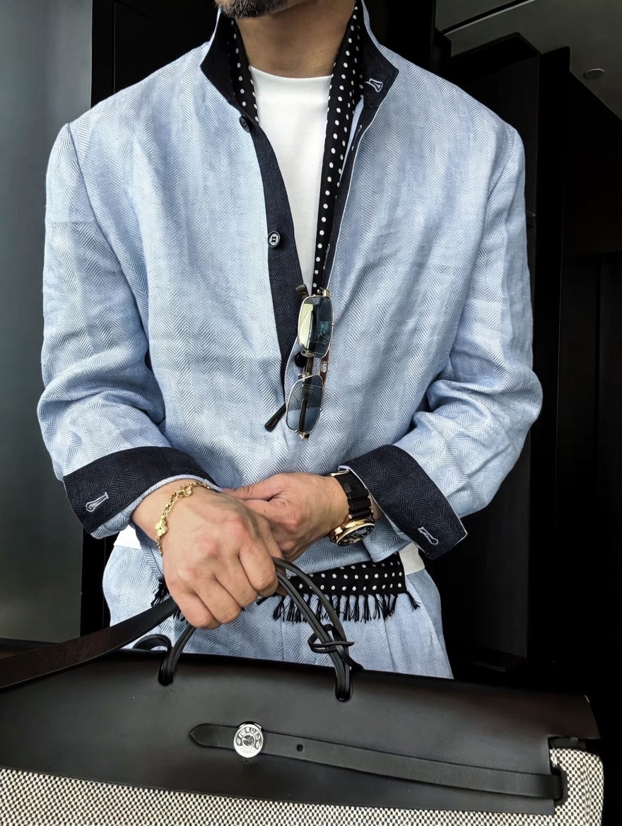Premium Linen Mandarin Collar Suit-Sky Blue
