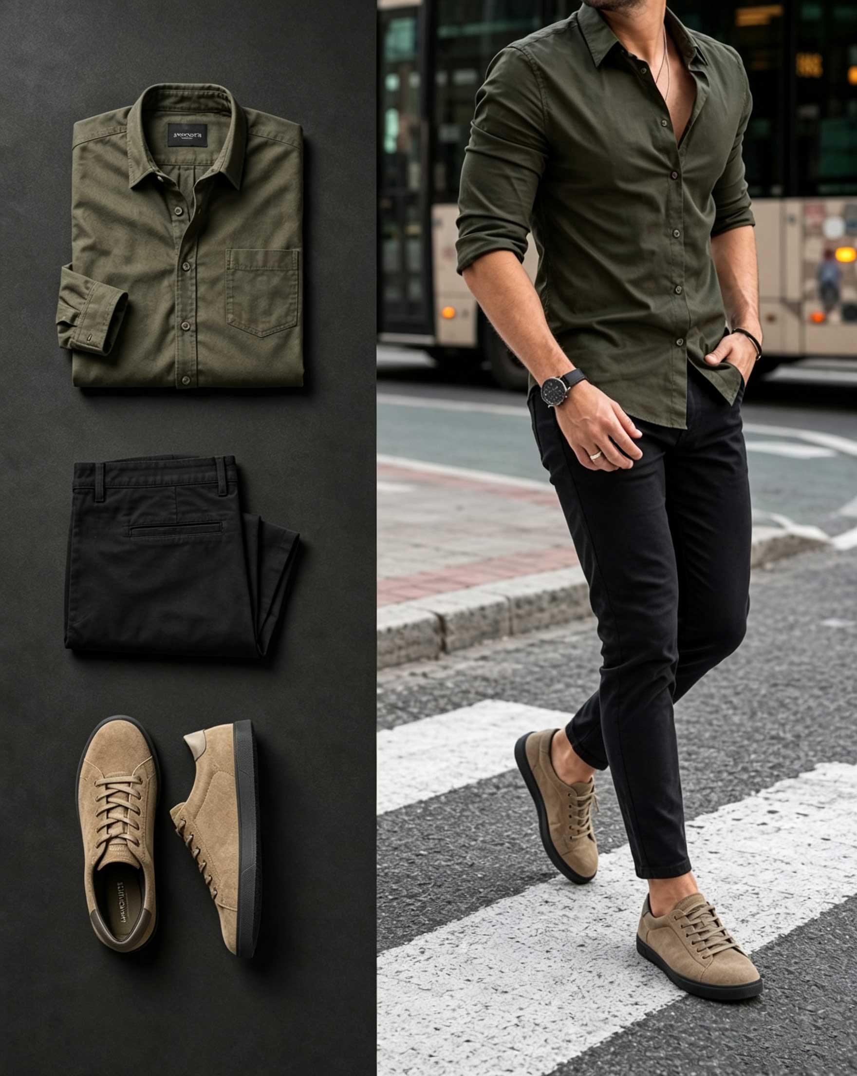 Men's Casual Army Green Long Sleeve Shirt & Black Pants Two-Piece Set
