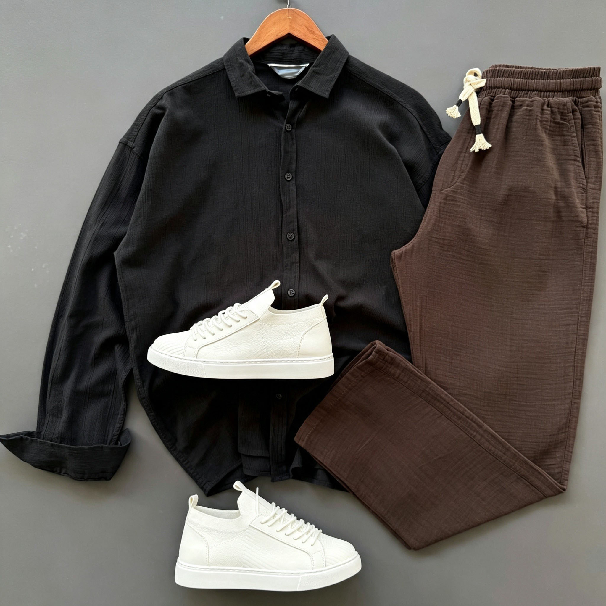 Men's Casual Fashion Long Sleeved Collared Shirt & Drawstring Trousers Two‑Piece Set