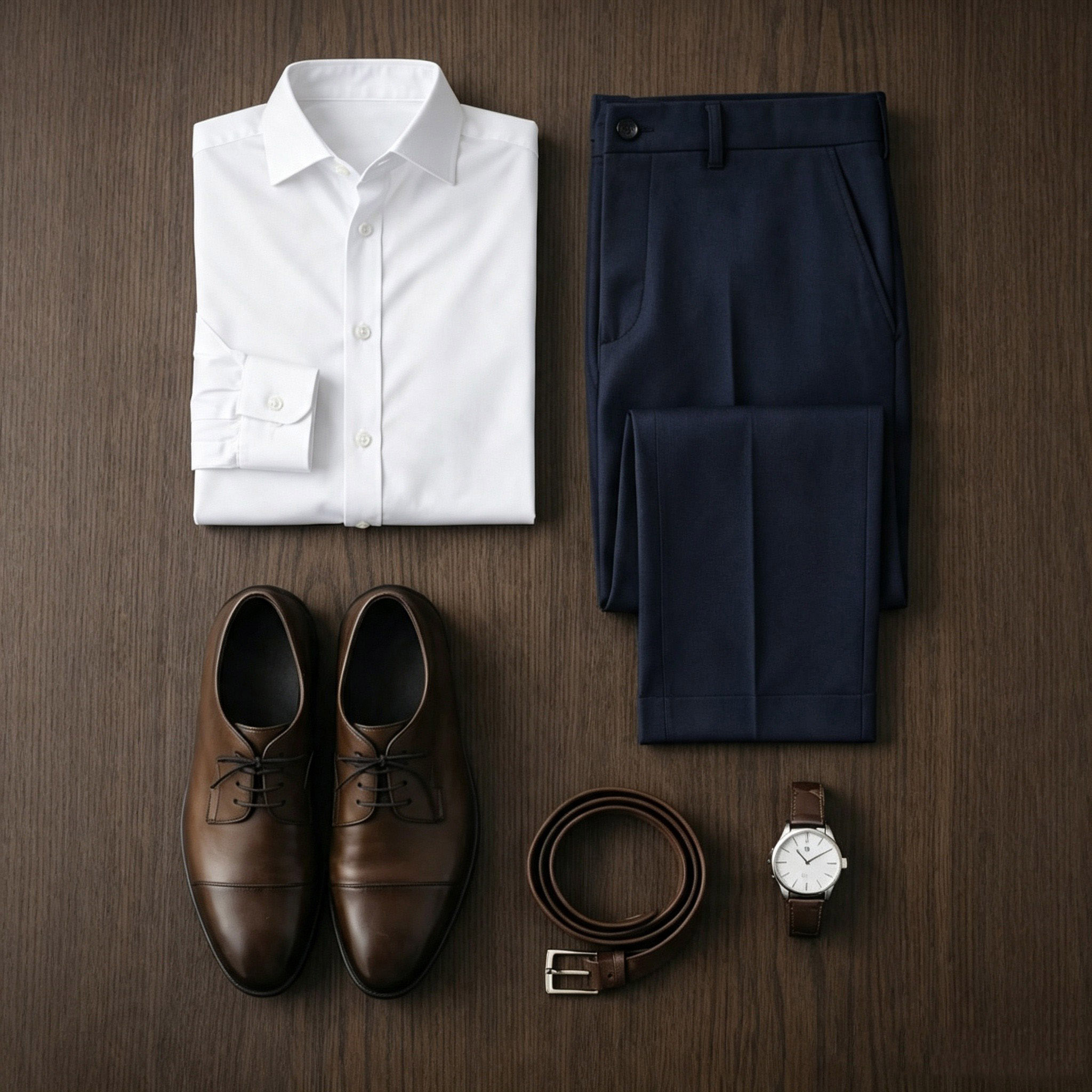 Men's White Long Sleeves Shirt & Navy Chinos Pants Two-Piece Set