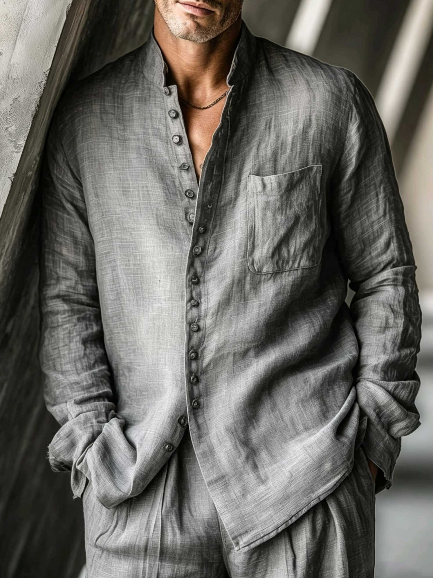 Men's Cotton Linen Long Sleeved Shirt And Trousers Set