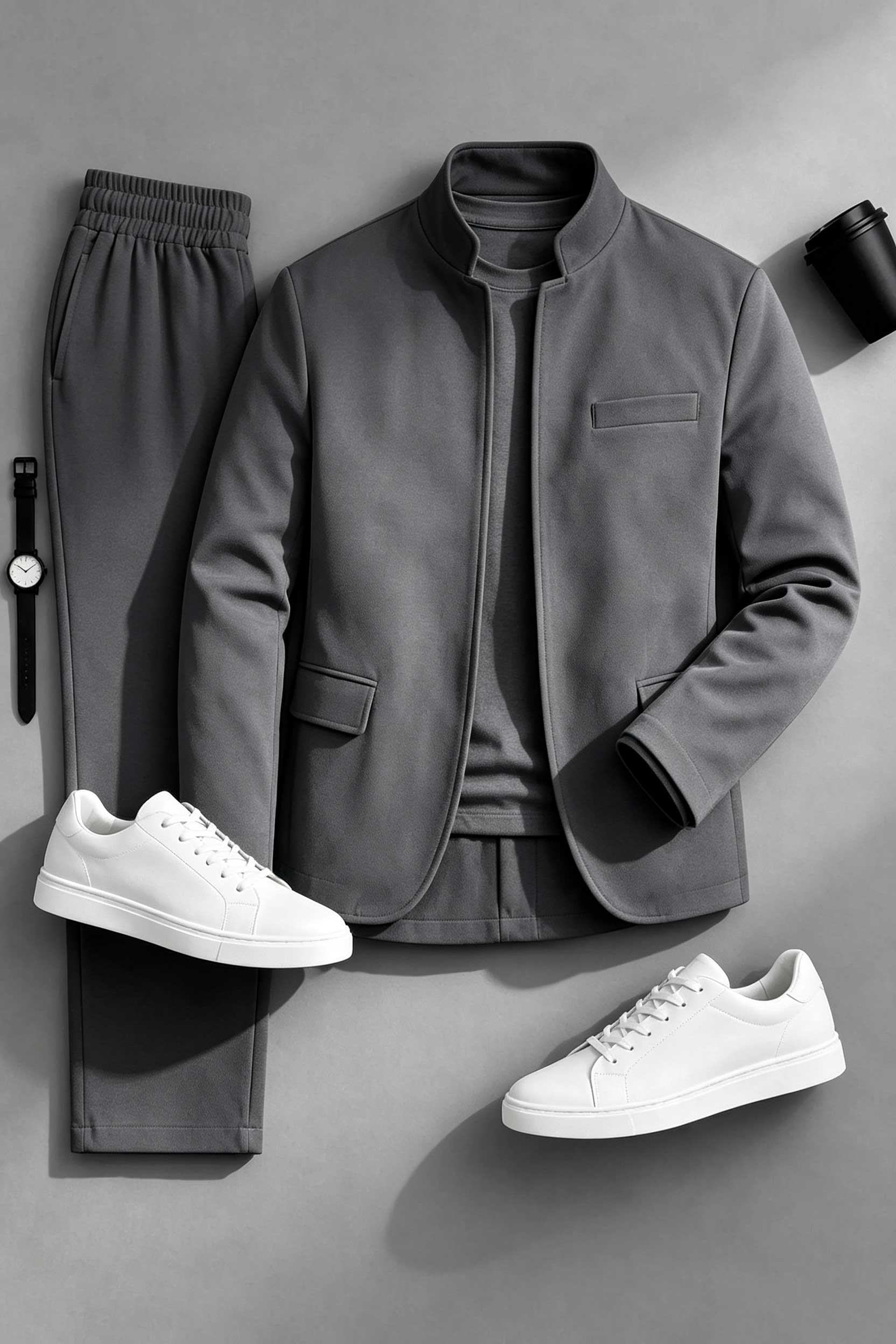 Men's Causal Velvet Jacket & Pants Two-Piece Sets-White