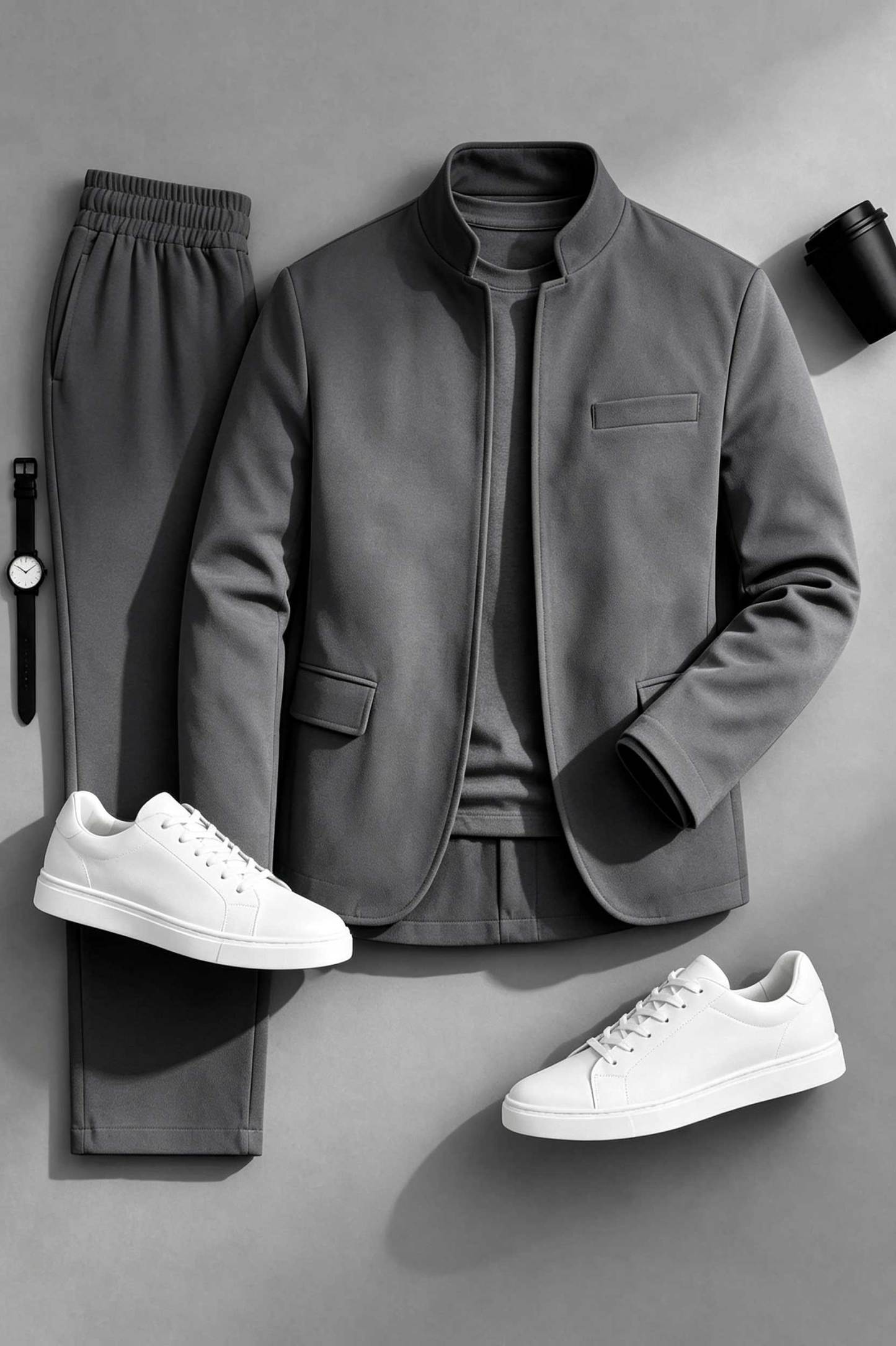 Men's Causal Velvet Jacket & Pants Two-Piece Sets-White