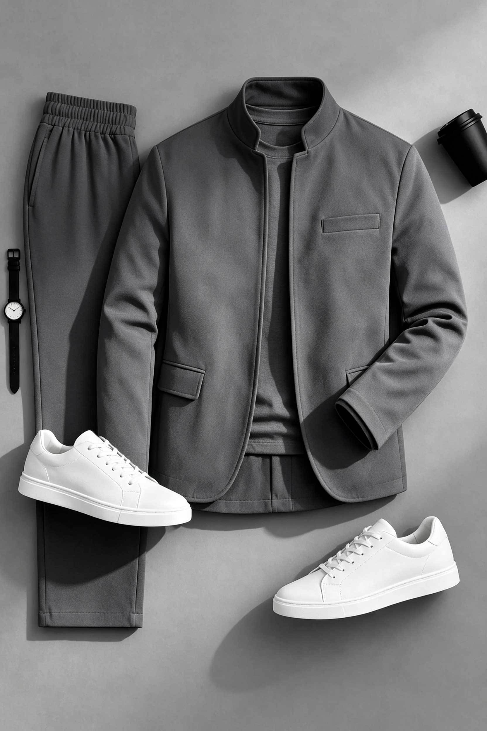 Men's Causal Velvet Jacket & Pants Two-Piece Sets-White