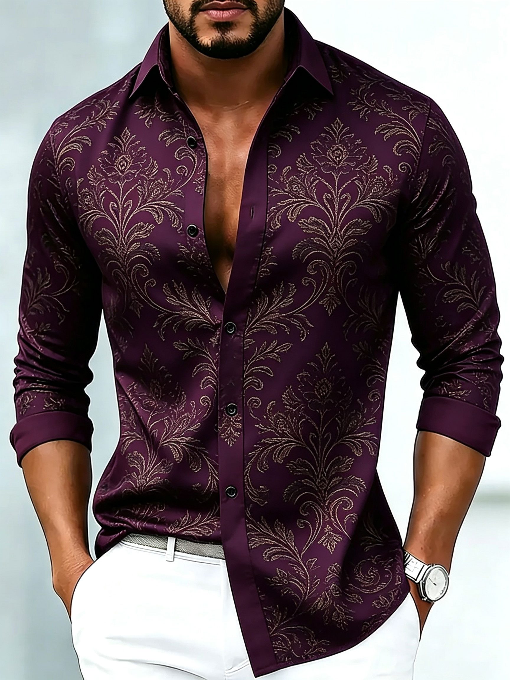 Men's Luxury Business Floral Print Long-Sleeve Shirt