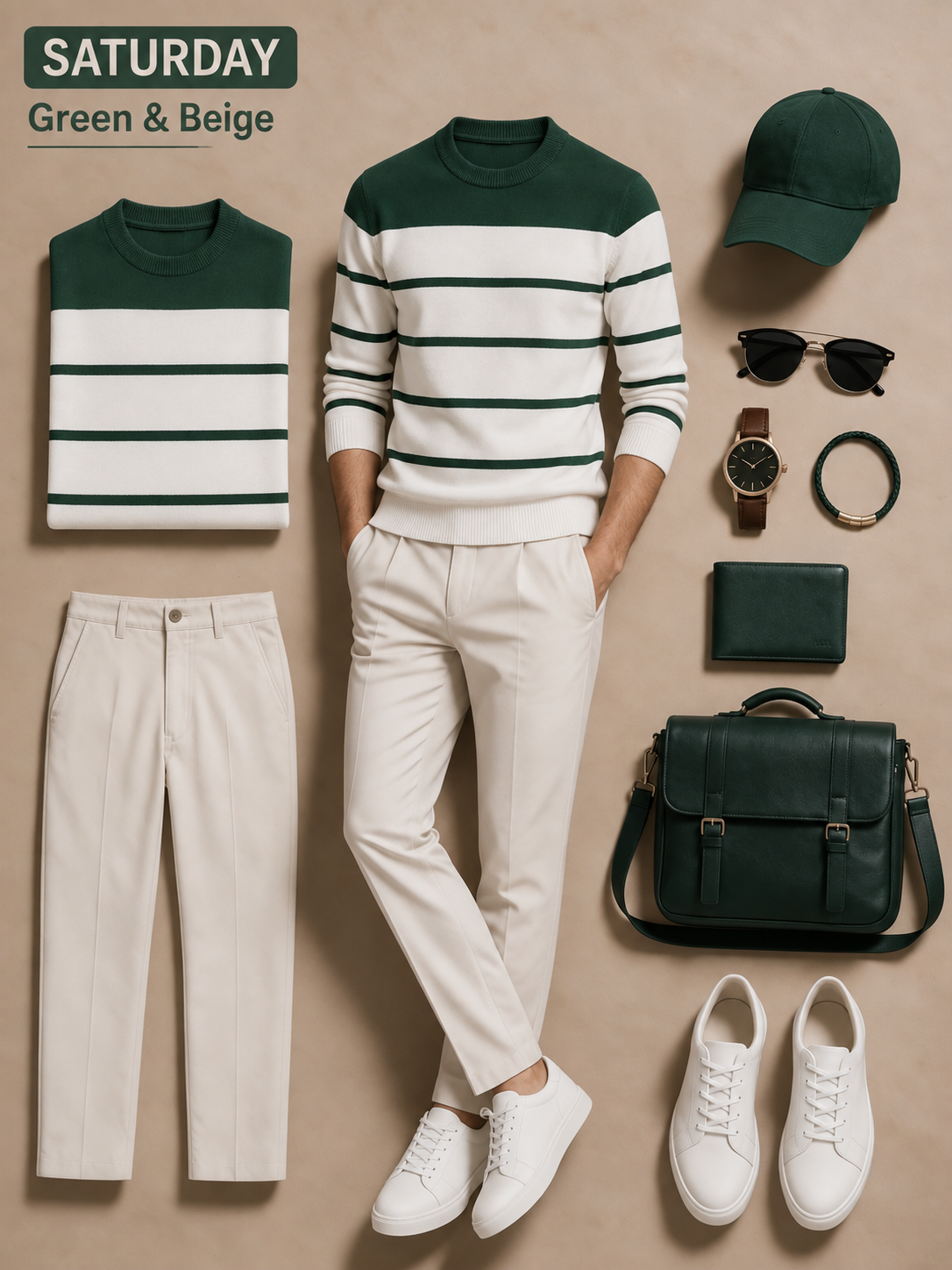 Men's Color‑Block Stripe Crew Neck Knit Sweater & Straight‑Leg Dress Pants 2‑Piece Outfit Set