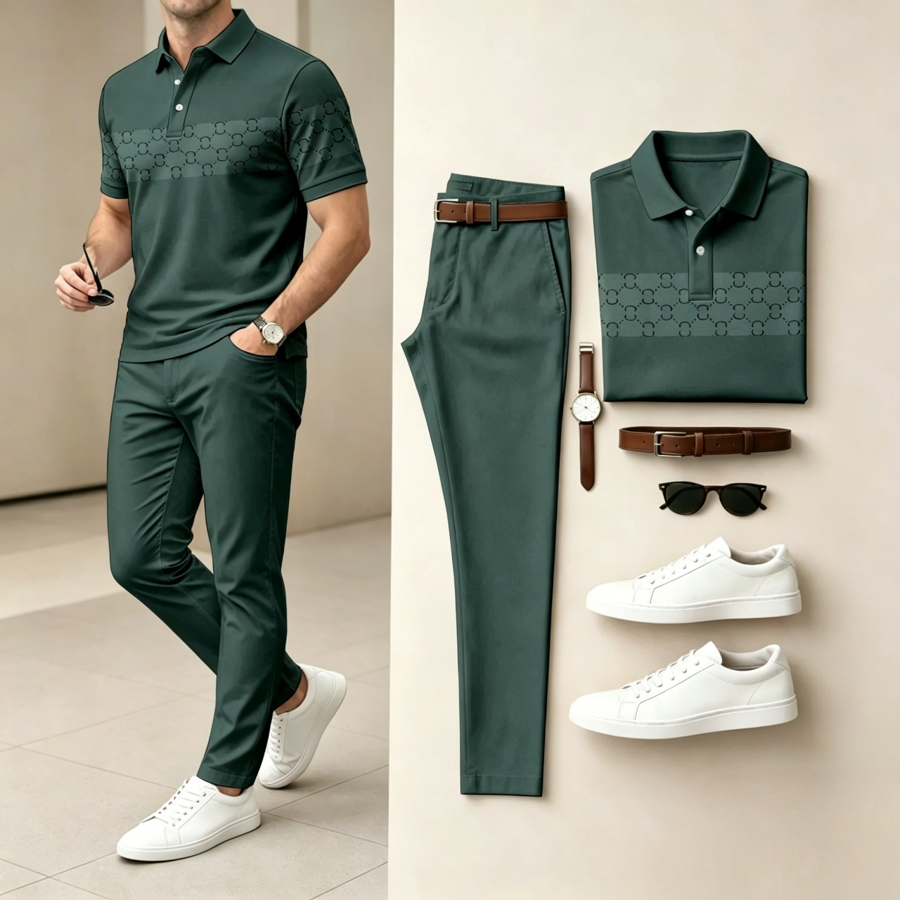Men's Casual Plaid-Print Polo Shirt and Trousers Two-Piece Set 