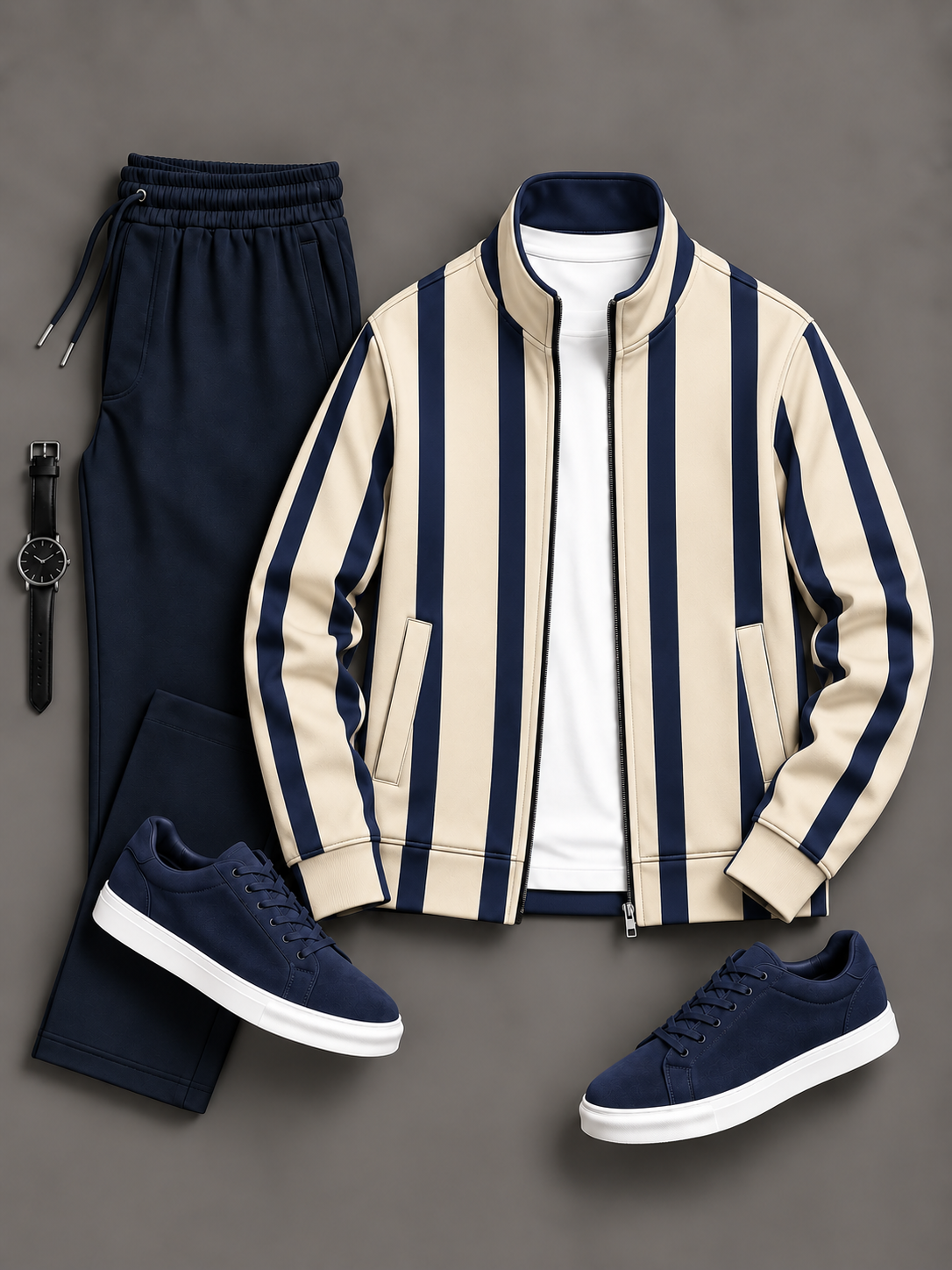 Men's Vertical Striped Zip Up Stand Collar Jacket & Drawstring Pants Two Piece Set