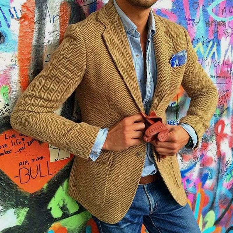 Men's Vintage Herringbone Wool Blend Lapel Single Breasted Blazer