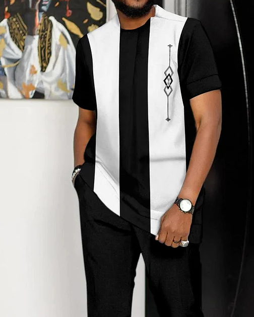 Men's Colorblock Print Short Sleeve Sports Walking Suit