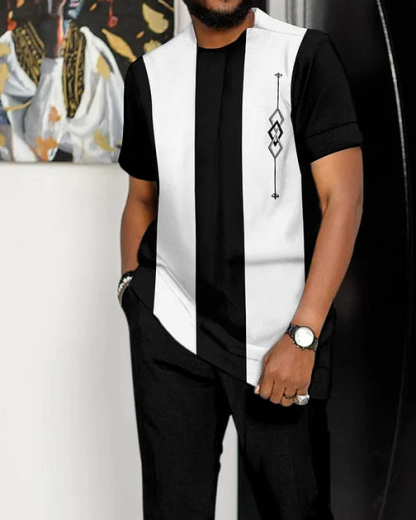 Men's Colorblock Print Short Sleeve Sports Walking Suit