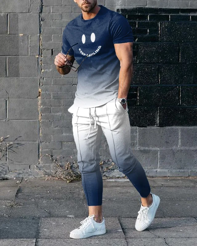  Men's blue and white gradient sports two-piece suit 479